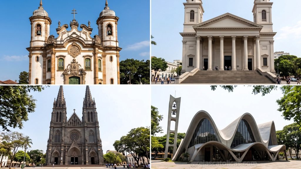 Fachadas de igrejas católicas nos estilos barroco, neoclássico, neogótico e moderno lado a lado