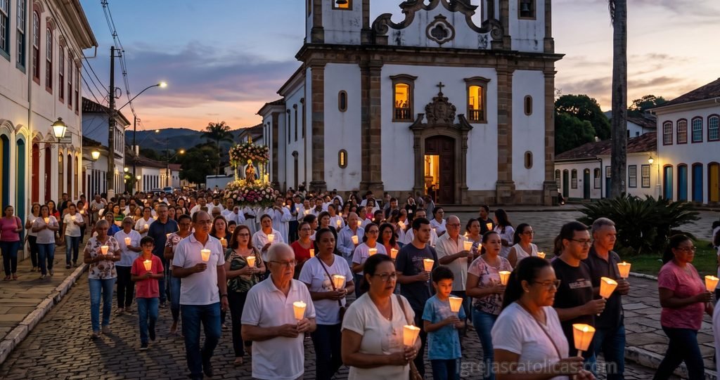 Fiéis de diferentes idades em procissão com velas em frente a uma igreja colonial ao entardecer