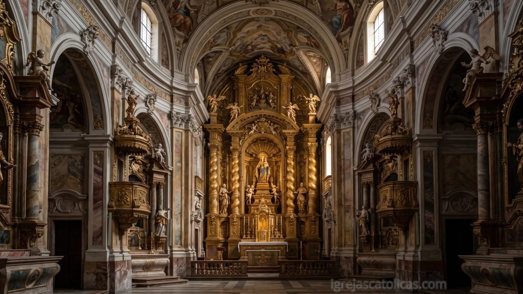 Altar dourado de igreja barroca com jogo de luz e sombra