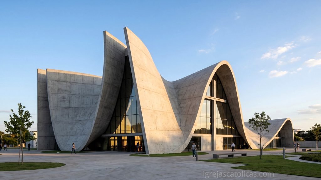 Igreja moderna em concreto com formas curvas e luz natural