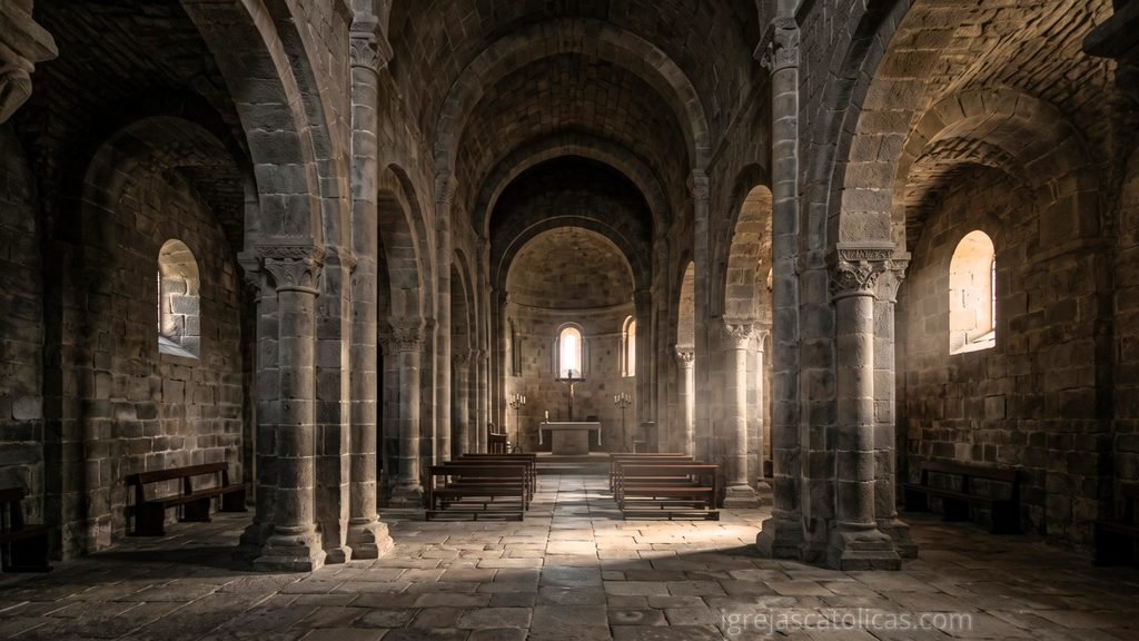 Interior de igreja românica com arcos plenos e iluminação penumbrosa
